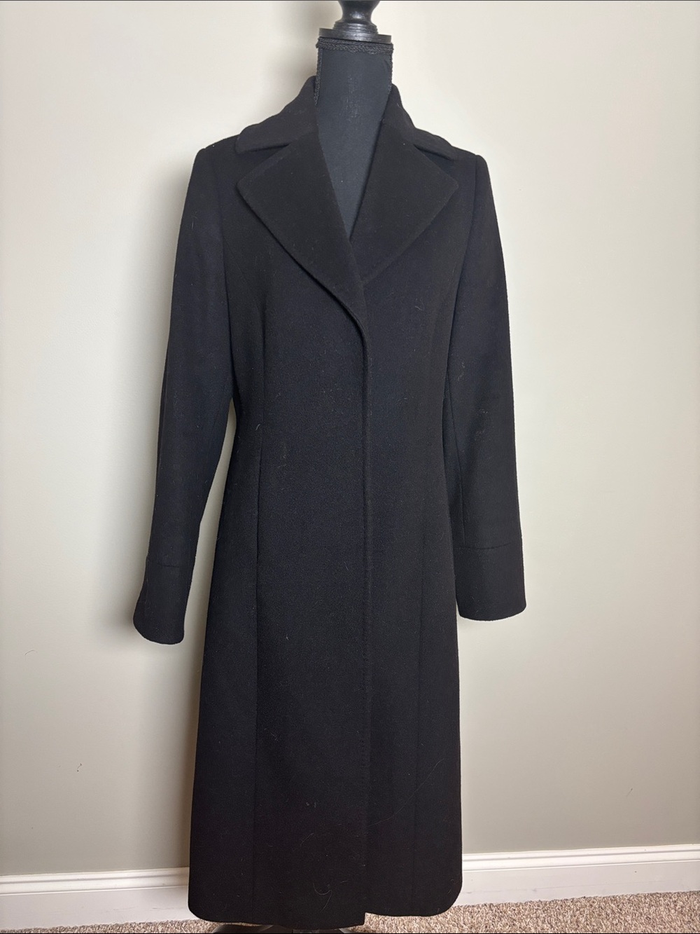 Women's Black Long Peacoat with Tailored Lapel